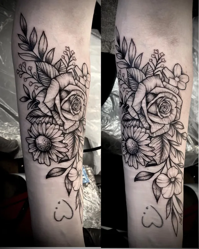 Two views of a floral forearm tattoo with roses, sunflowers and leaves.