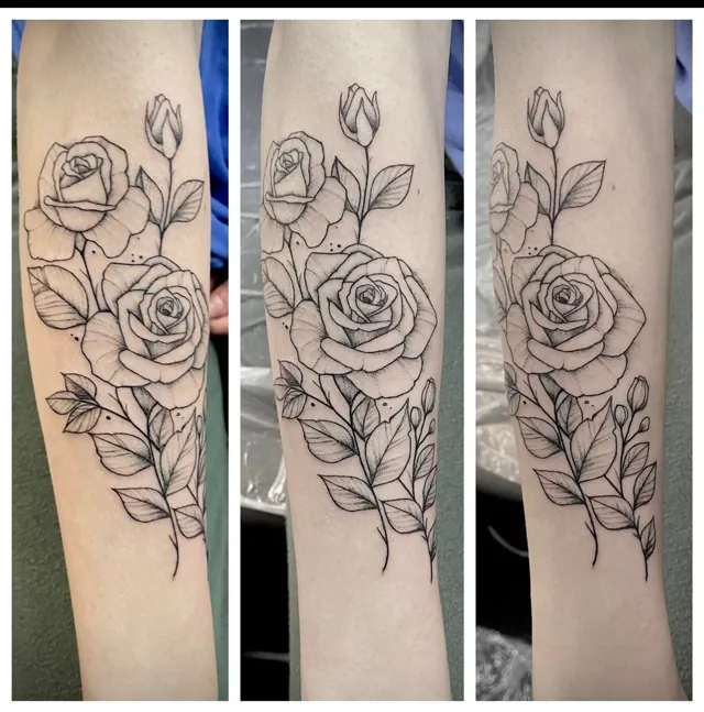 Three views of a rose and leaf linework tattoo on a forearm.